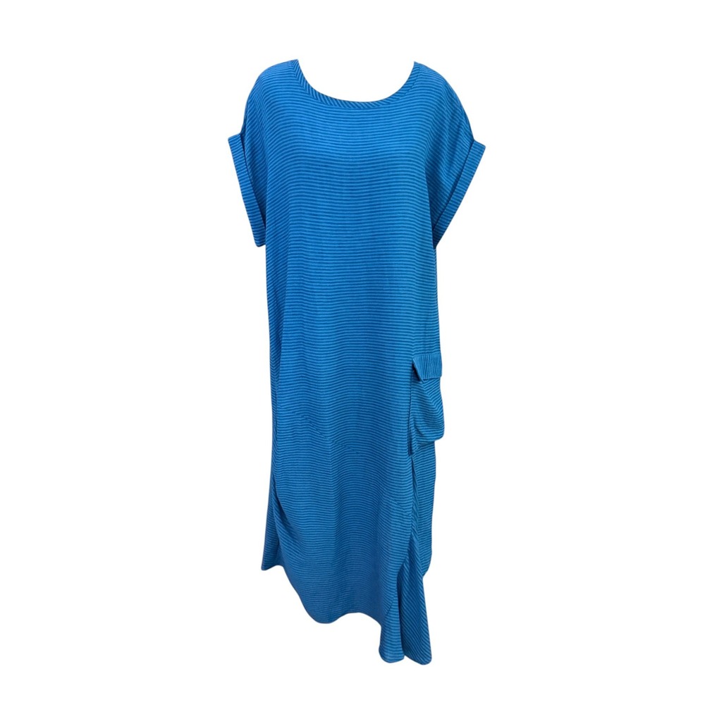 Lisa Bayne Lagenlook Asymmetrical Midi Dress M Blue Linen Blend Coastal Grandma